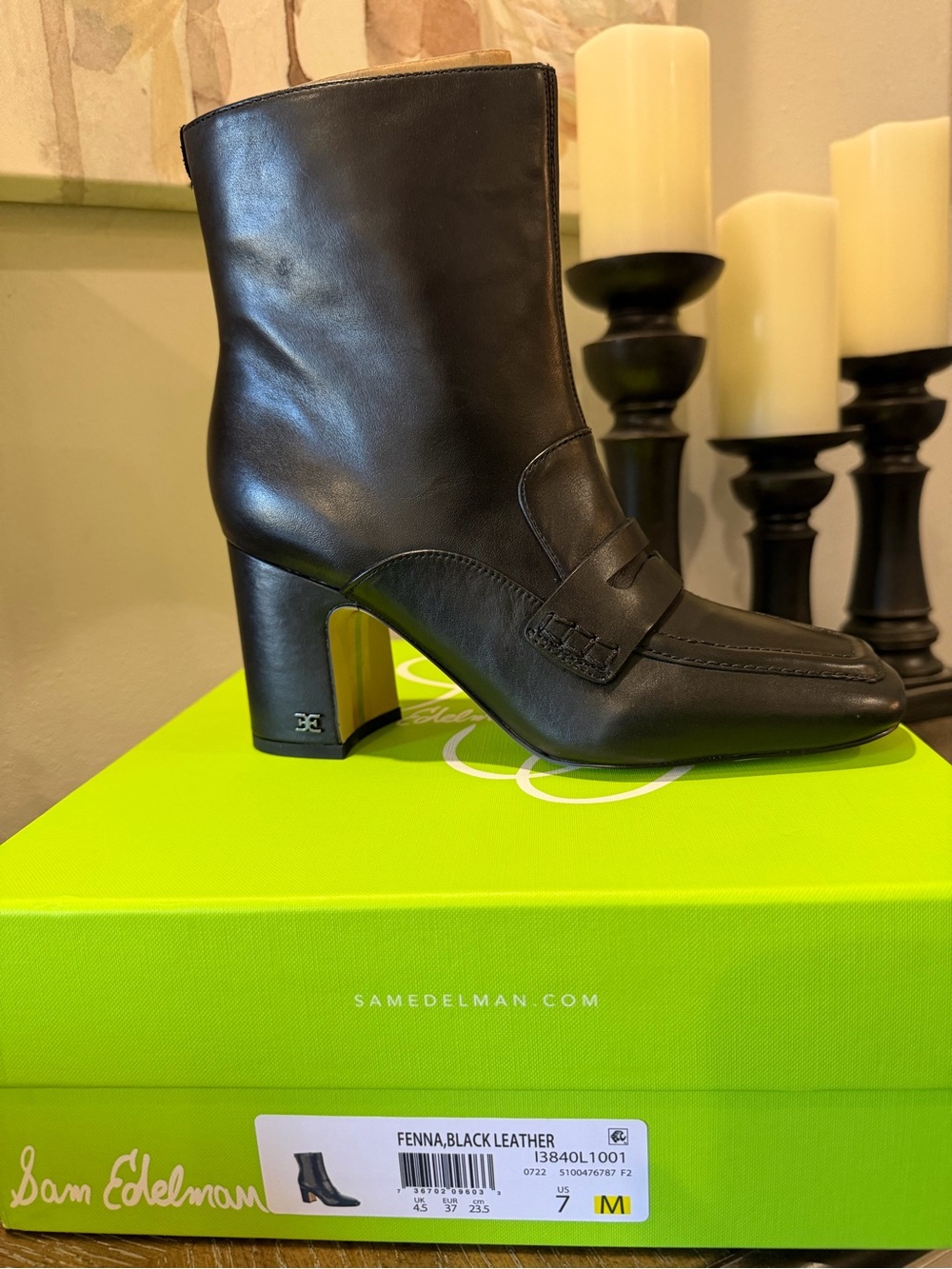 Sam Edelman Black Leather Mid-Calf Heeled Ankle Boot